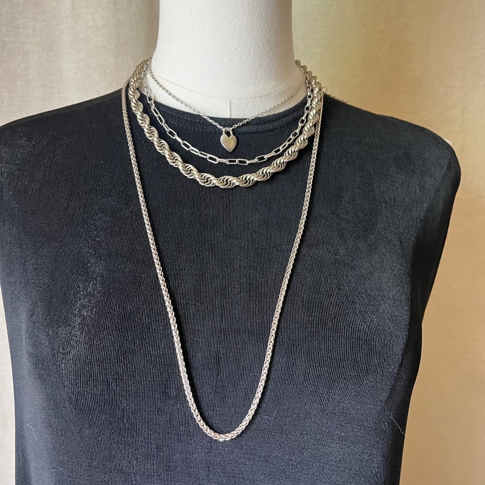 Vintage‎ Silver Tone Layered Chain Necklace Set Heart Pendant Rope Chain Lot 3